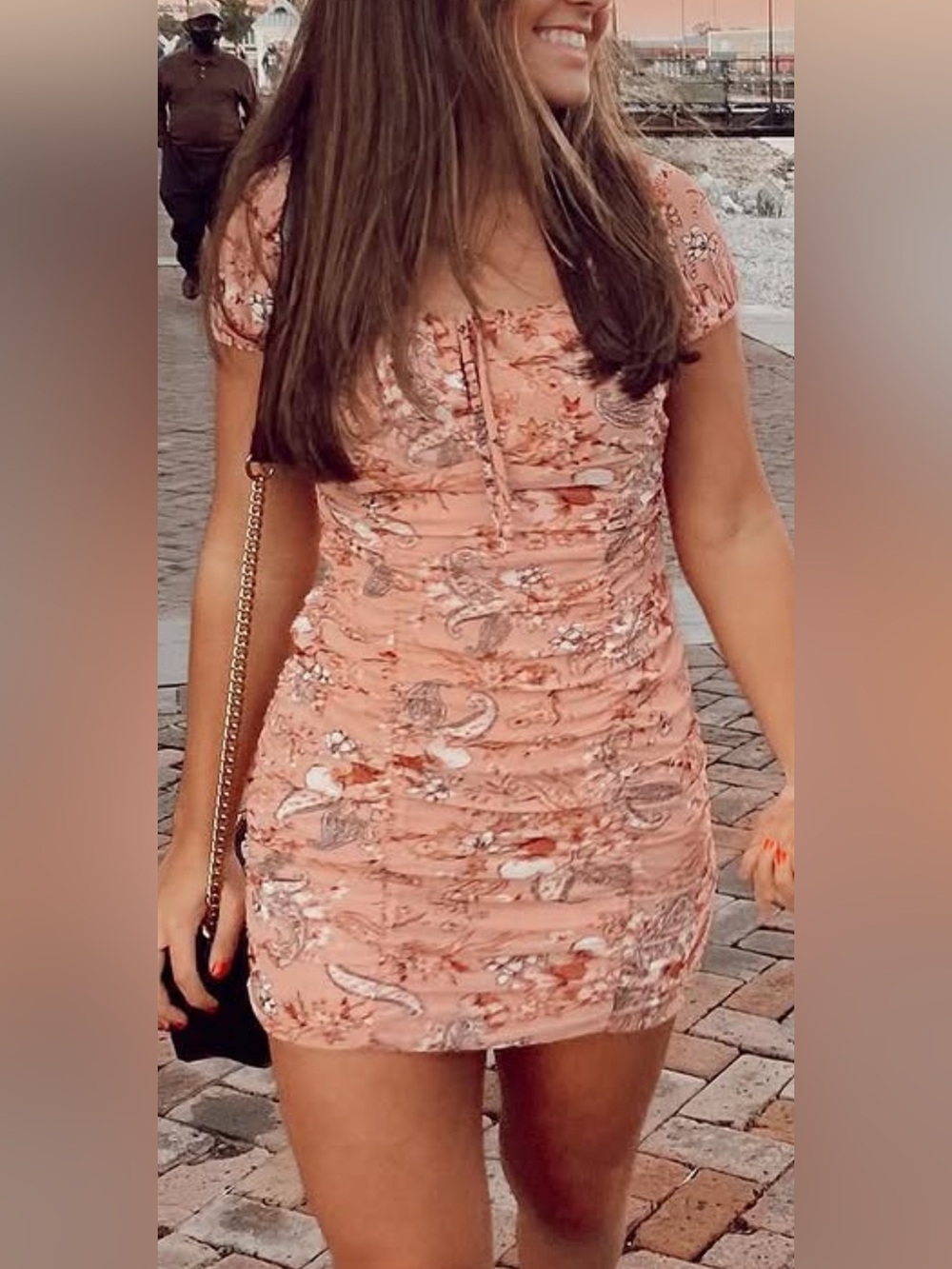 Ruched Floral paisley Pink Short Dress - Women's Summer Dress